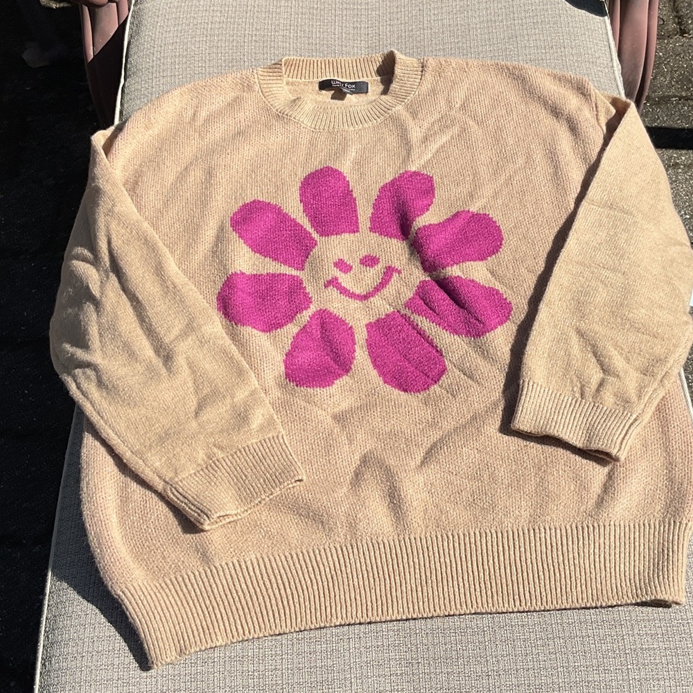Witty Fox Smiley Face Beige Sweater, Size XL